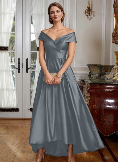 Blue Cap Shoulder Satin High Low Mother Of The Bride Dresses