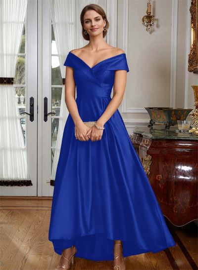 Blue Cap Shoulder Satin High Low Mother Of The Bride Dresses