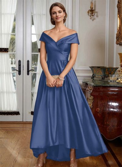 Blue Cap Shoulder Satin High Low Mother Of The Bride Dresses