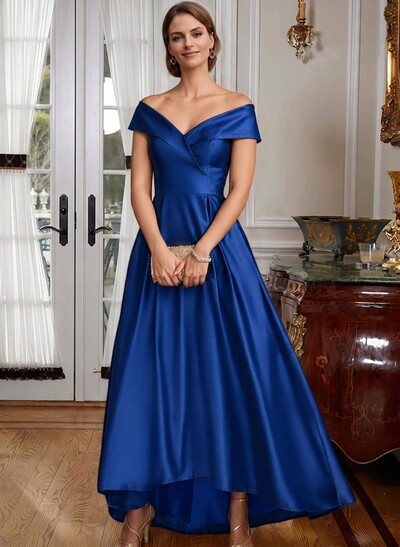 Blue Cap Shoulder Satin High Low Mother Of The Bride Dresses
