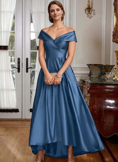 Blue Cap Shoulder Satin High Low Mother Of The Bride Dresses