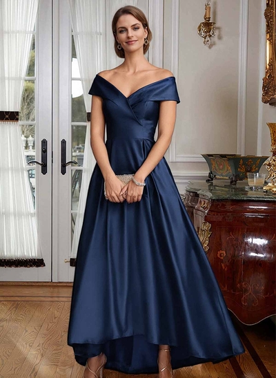 Blue Cap Shoulder Satin High Low Mother Of The Bride Dresses
