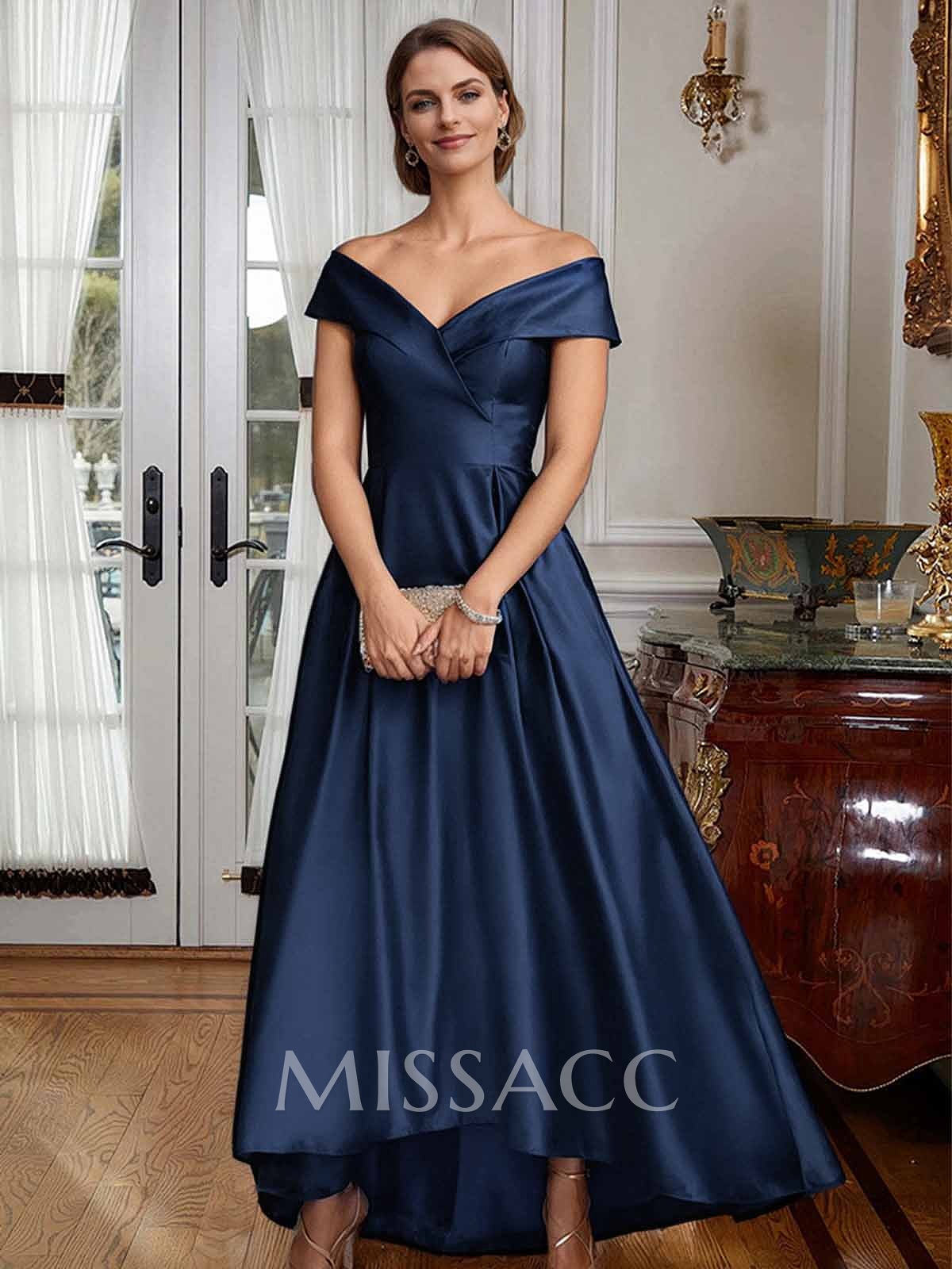 Blue Cap Shoulder Satin High Low Mother Of The Bride Dresses