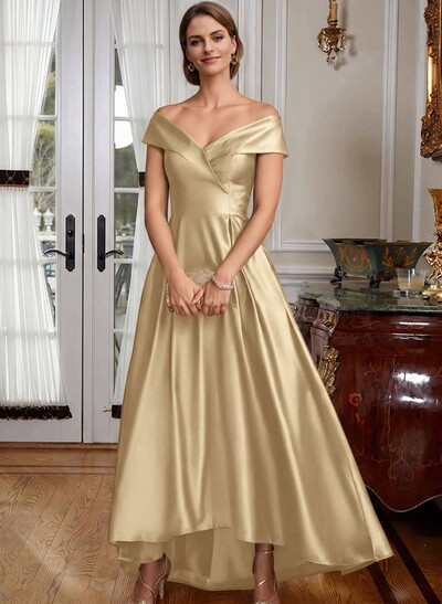 Blue Cap Shoulder Satin High Low Mother Of The Bride Dresses