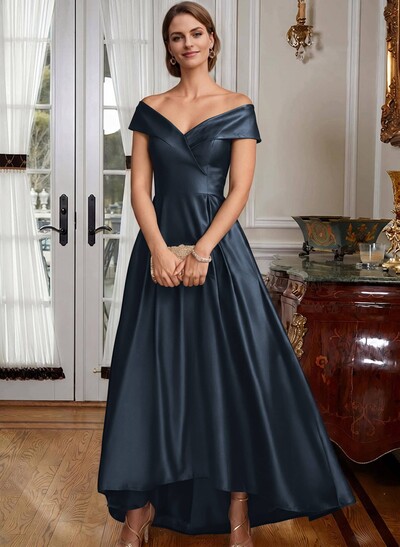 Blue Cap Shoulder Satin High Low Mother Of The Bride Dresses