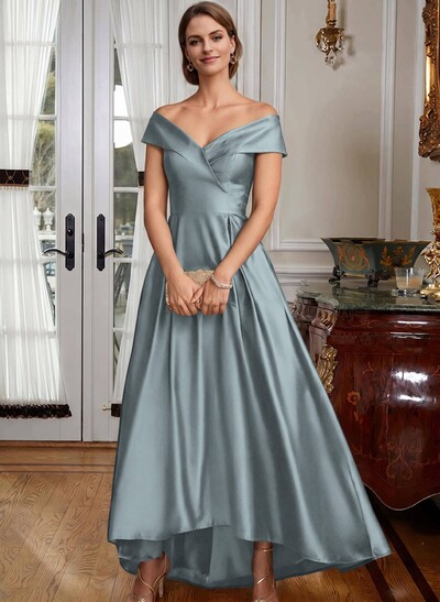 Blue Cap Shoulder Satin High Low Mother Of The Bride Dresses