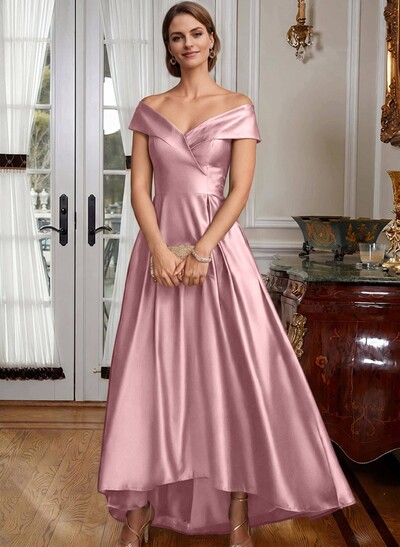 Blue Cap Shoulder Satin High Low Mother Of The Bride Dresses