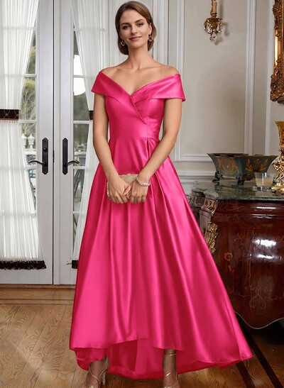 Blue Cap Shoulder Satin High Low Mother Of The Bride Dresses