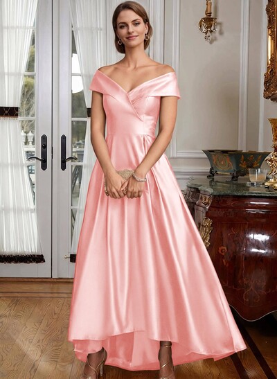 Blue Cap Shoulder Satin High Low Mother Of The Bride Dresses