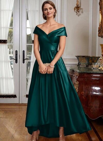 Blue Cap Shoulder Satin High Low Mother Of The Bride Dresses