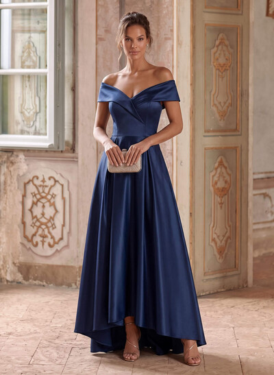 Blue Cap Shoulder Satin High Low Mother Of The Bride Dresses