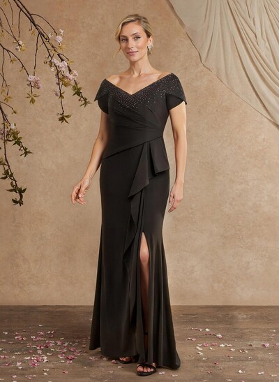 Black Cap Shoulder Beading Mother Of The Bride Dresses With Cascading Ruffles