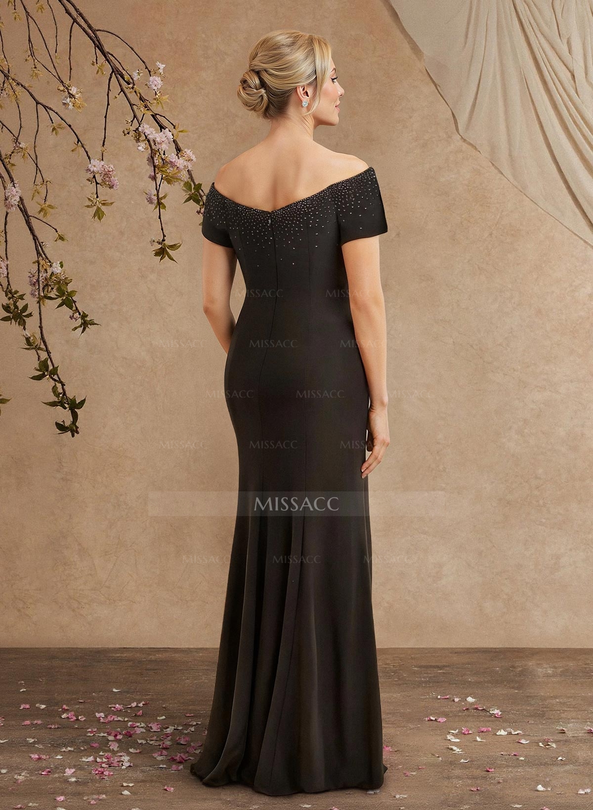 Black Cap Shoulder Beading Mother Of The Bride Dresses With Cascading Ruffles
