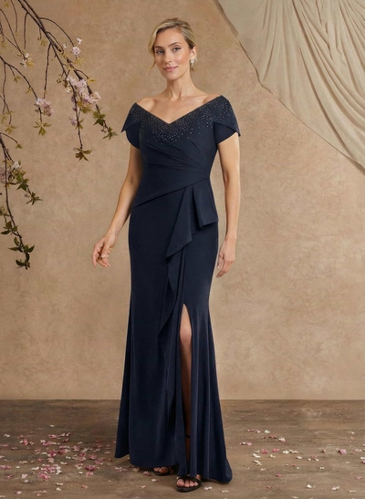 Black Cap Shoulder Beading Mother Of The Bride Dresses With Cascading Ruffles