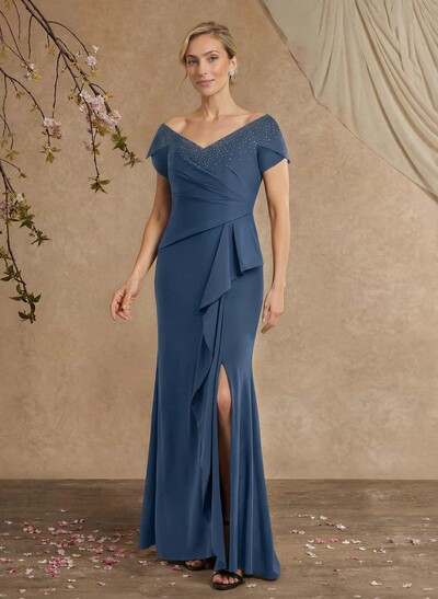 Black Cap Shoulder Beading Mother Of The Bride Dresses With Cascading Ruffles