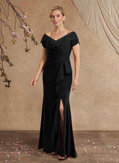 Black Cap Shoulder Beading Mother Of The Bride Dresses With Cascading Ruffles