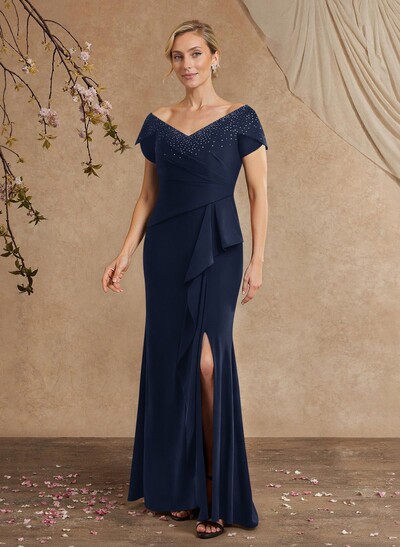 Black Cap Shoulder Beading Mother Of The Bride Dresses With Cascading Ruffles