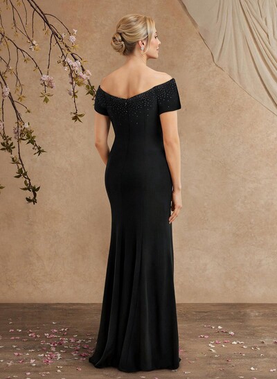 Black Cap Shoulder Beading Mother Of The Bride Dresses With Cascading Ruffles