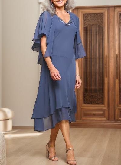 V Neck Tea Length Chiffon Wrap Mother Of The Bride Dresses With Beading