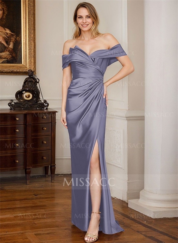 Sheath/Column Off-The-Shoulder Satin Mother Of The Bride Dresses With Split Front