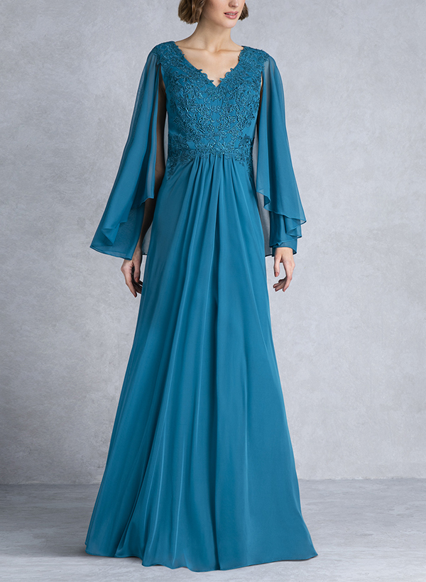A-Line V-Neck Chiffon Mother Of The Bride Dresses With Appliques Lace
