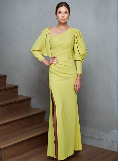 Sheath/Column Long Sleeves Asymmetrical Neck Mother Of The Bride Dresses With Split Front