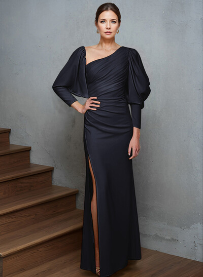 Sheath/Column Long Sleeves Asymmetrical Neck Mother Of The Bride Dresses With Split Front