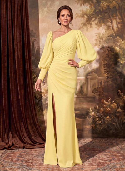 Sheath/Column Long Sleeves Asymmetrical Neck Mother Of The Bride Dresses With Split Front