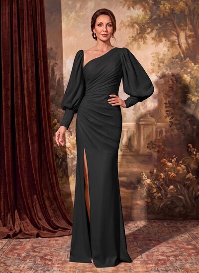 Sheath/Column Long Sleeve Asymmetric Neck Mother Of The Bride Dresses With Front Split