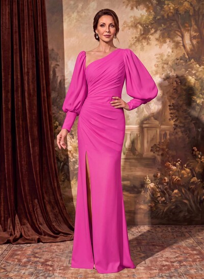 Sheath/Column Long Sleeves Asymmetrical Neck Mother Of The Bride Dresses With Split Front