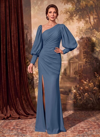 Sheath/Column Long Sleeve Asymmetric Neck Mother Of The Bride Dresses With Front Split