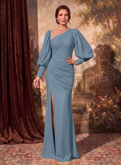 Sheath/Column Long Sleeves Asymmetrical Neck Mother Of The Bride Dresses With Split Front