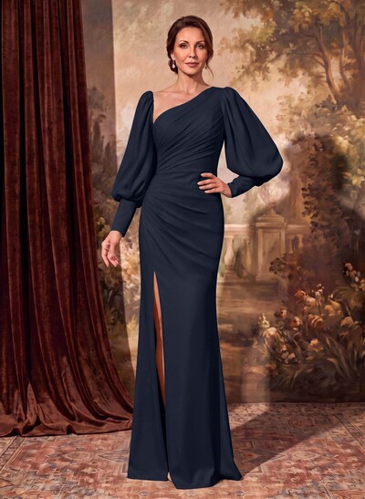 Sheath/Column Long Sleeve Asymmetric Neck Mother Of The Bride Dresses With Front Split