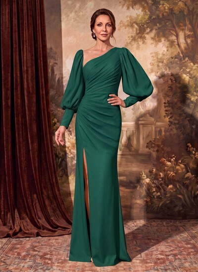 Sheath/Column Long Sleeves Asymmetrical Neck Mother Of The Bride Dresses With Split Front