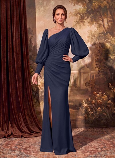 Sheath/Column Long Sleeves Asymmetrical Neck Mother Of The Bride Dresses With Split Front