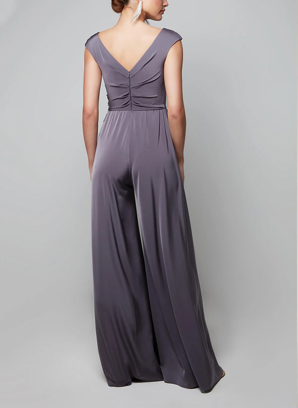 V-Neck Sleeveless Floor-Length Chiffon Mother Of The Bride Jumpsuit With Beading
