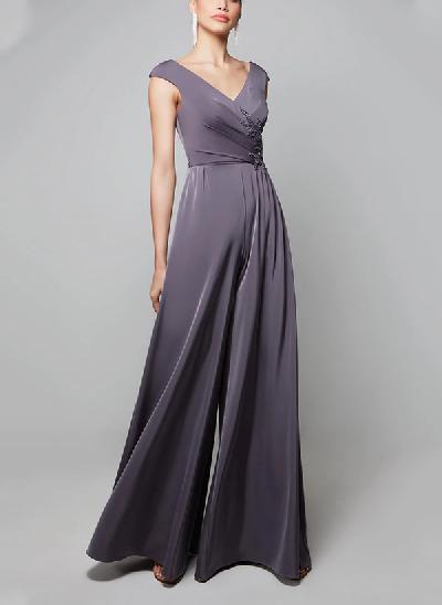 V-Neck Sleeveless Floor-Length Chiffon Mother Of The Bride Jumpsuit With Beading