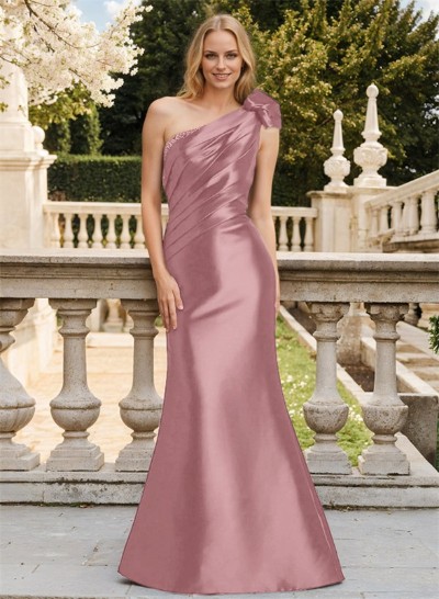 One-Shoulder Sleeveless Floor-Length Satin Mother Of The Bride Dresses With Beading