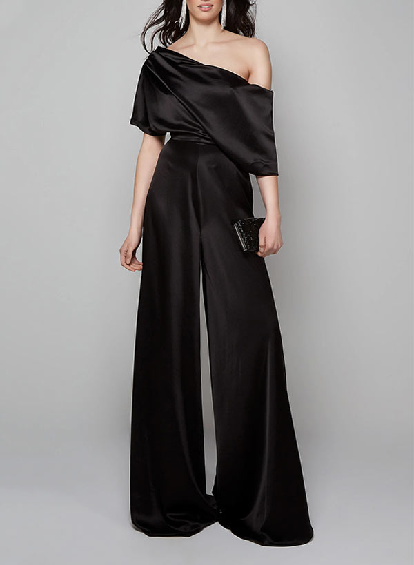 Elegant One-Shoulder Floor-Length Silk Like Satin Evening Jumpsuit