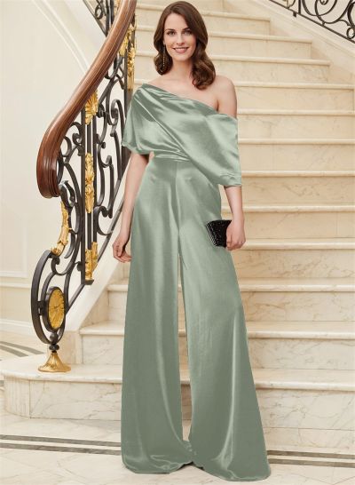 Elegant Asymmetrical Neck Floor-Length Silk Like Satin Mother Of The Bride Jumpsuit