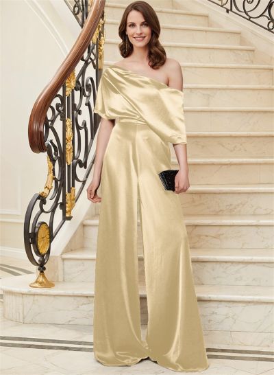 Elegant Asymmetrical Neck Floor-Length Silk Like Satin Mother Of The Bride Jumpsuit