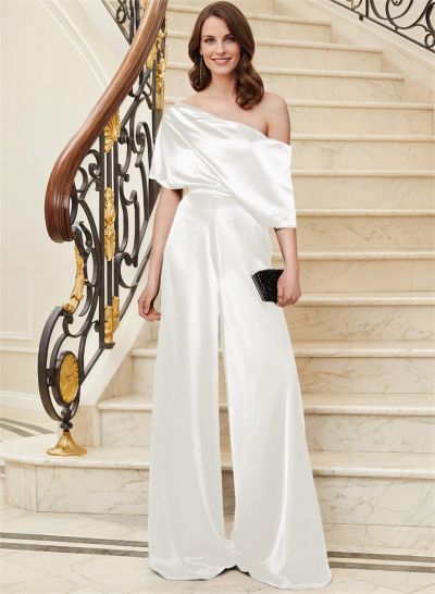 Elegant Asymmetrical Neck Floor-Length Silk Like Satin Mother Of The Bride Jumpsuit