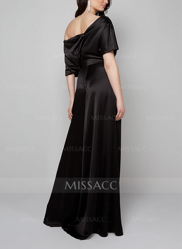 Elegant Asymmetrical Neck Floor-Length Silk Like Satin Mother Of The Bride Jumpsuit