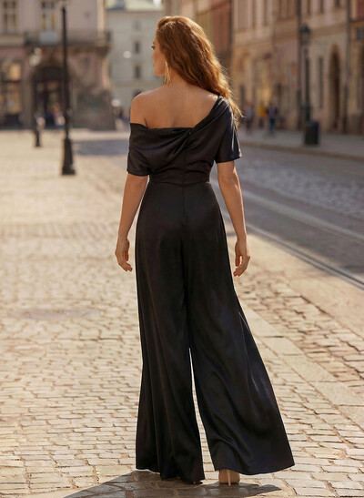 Elegant Asymmetrical Neck Floor-Length Silk Like Satin Mother Of The Bride Jumpsuit