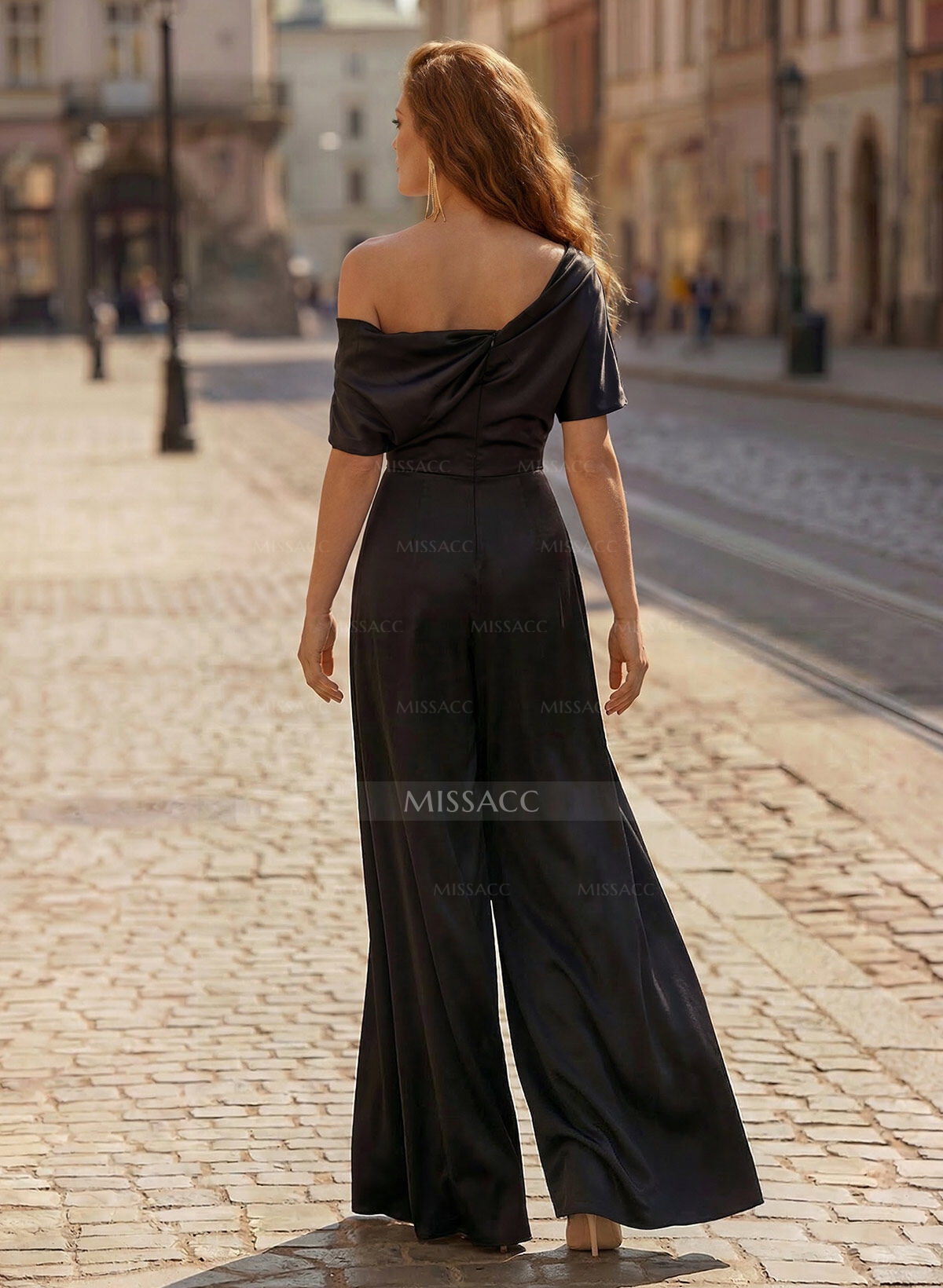 Elegant Asymmetrical Neck Floor-Length Silk Like Satin Mother Of The Bride Jumpsuit