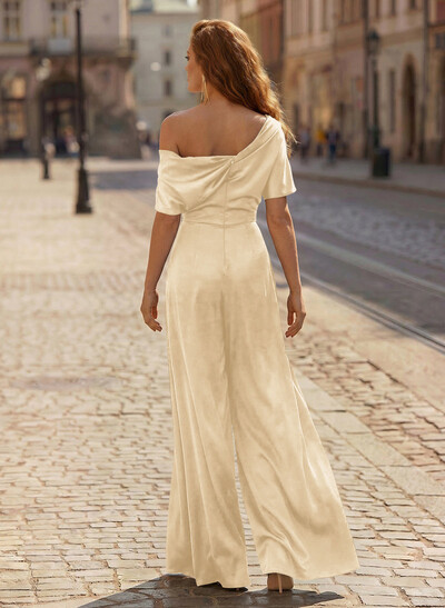 Elegant Asymmetrical Neck Floor-Length Silk Like Satin Mother Of The Bride Jumpsuit