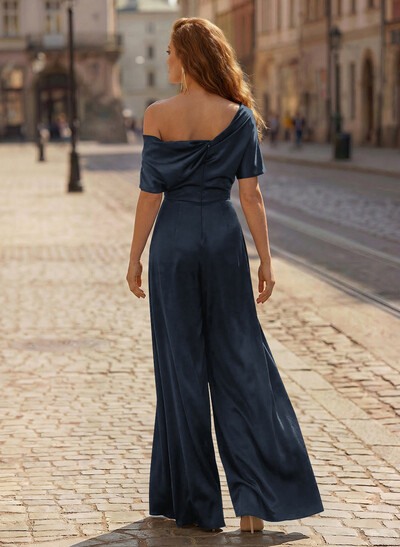 Elegant Asymmetrical Neck Floor-Length Silk Like Satin Mother Of The Bride Jumpsuit