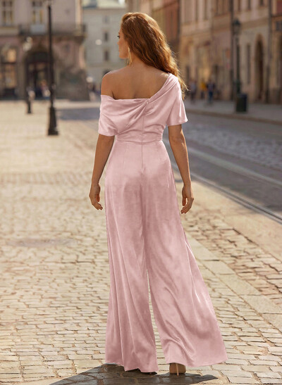 Elegant Asymmetrical Neck Floor-Length Silk Like Satin Mother Of The Bride Jumpsuit