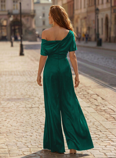 Elegant Asymmetrical Neck Floor-Length Silk Like Satin Mother Of The Bride Jumpsuit