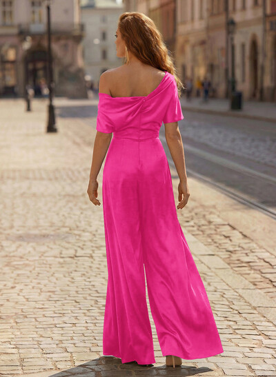 Elegant Asymmetrical Neck Floor-Length Silk Like Satin Mother Of The Bride Jumpsuit